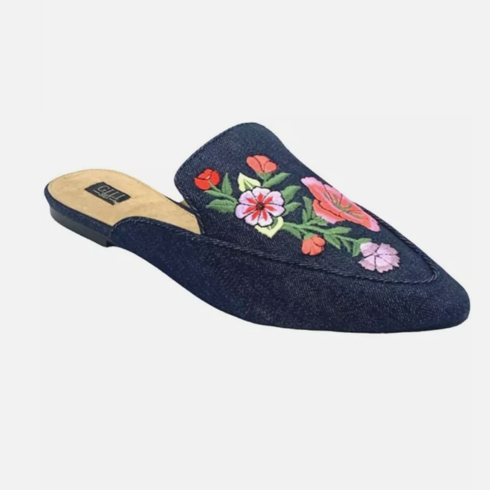 Dark denim floral embroidered mules by G.I.L.I.